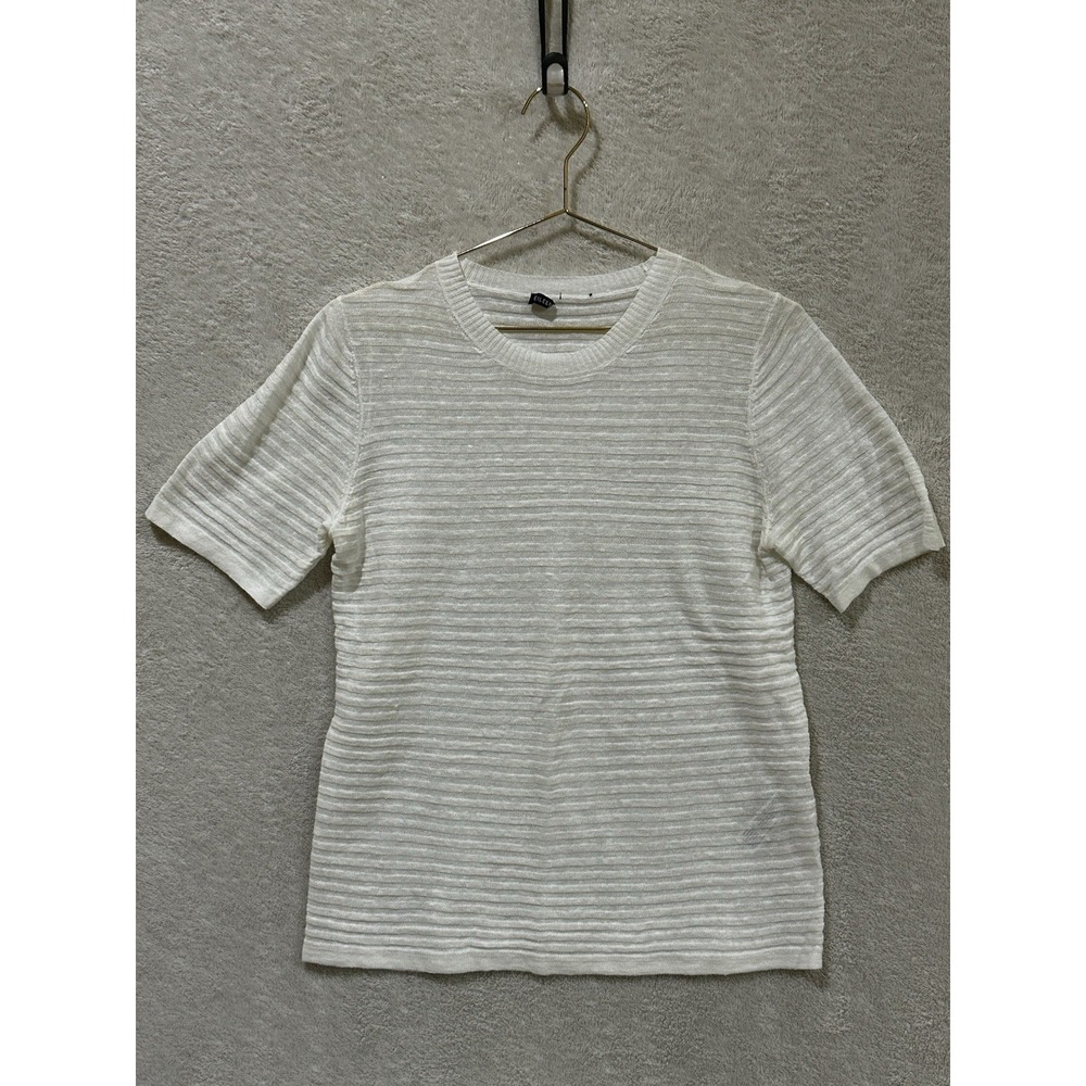 Eileen Fisher White Organic Linen Cotton Ribbed Short Sleeve Top Classic Luxury